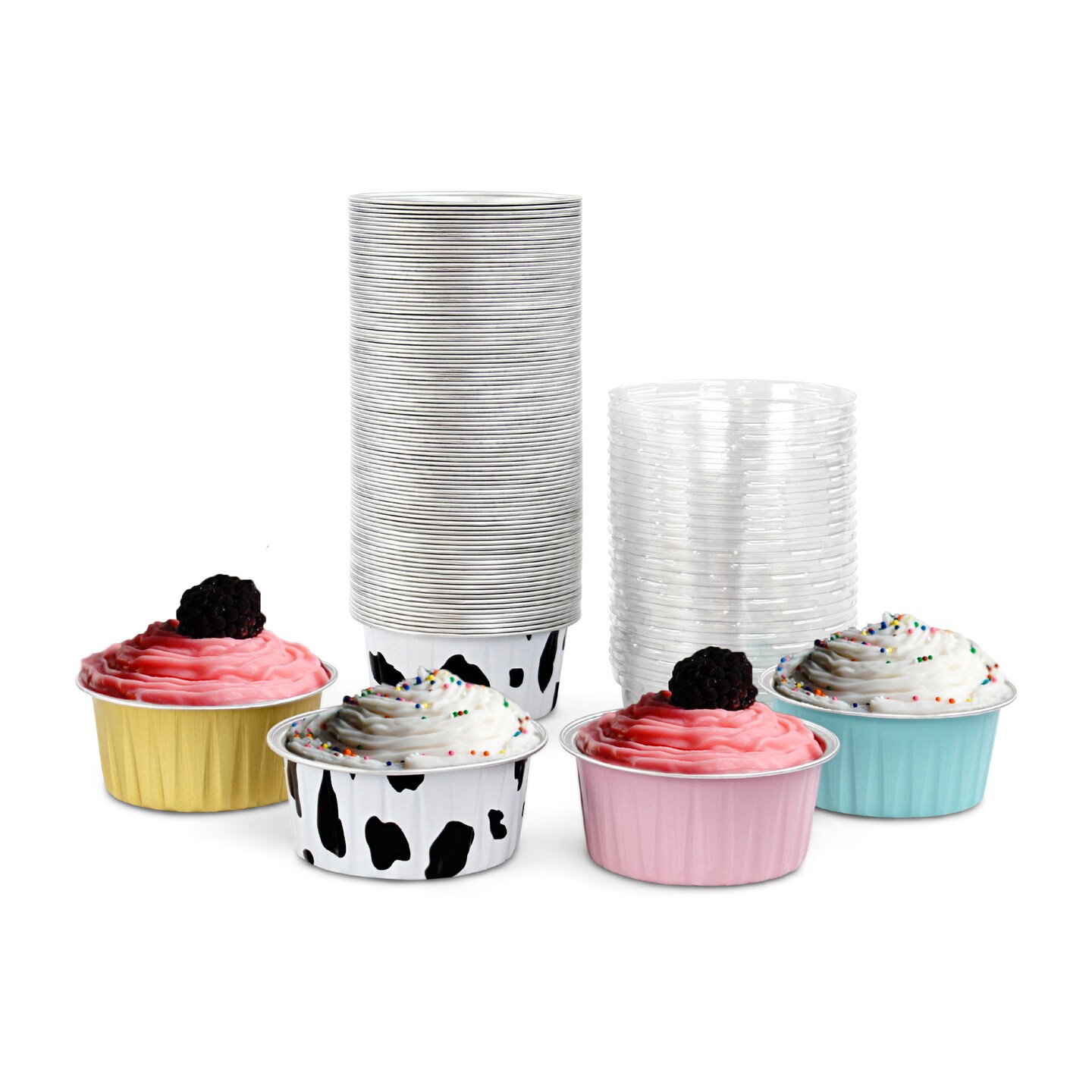 Spec101 Aluminum Foil Mini Cake Pans with Lids - 100pk 5oz 4 Color Muffin Tins