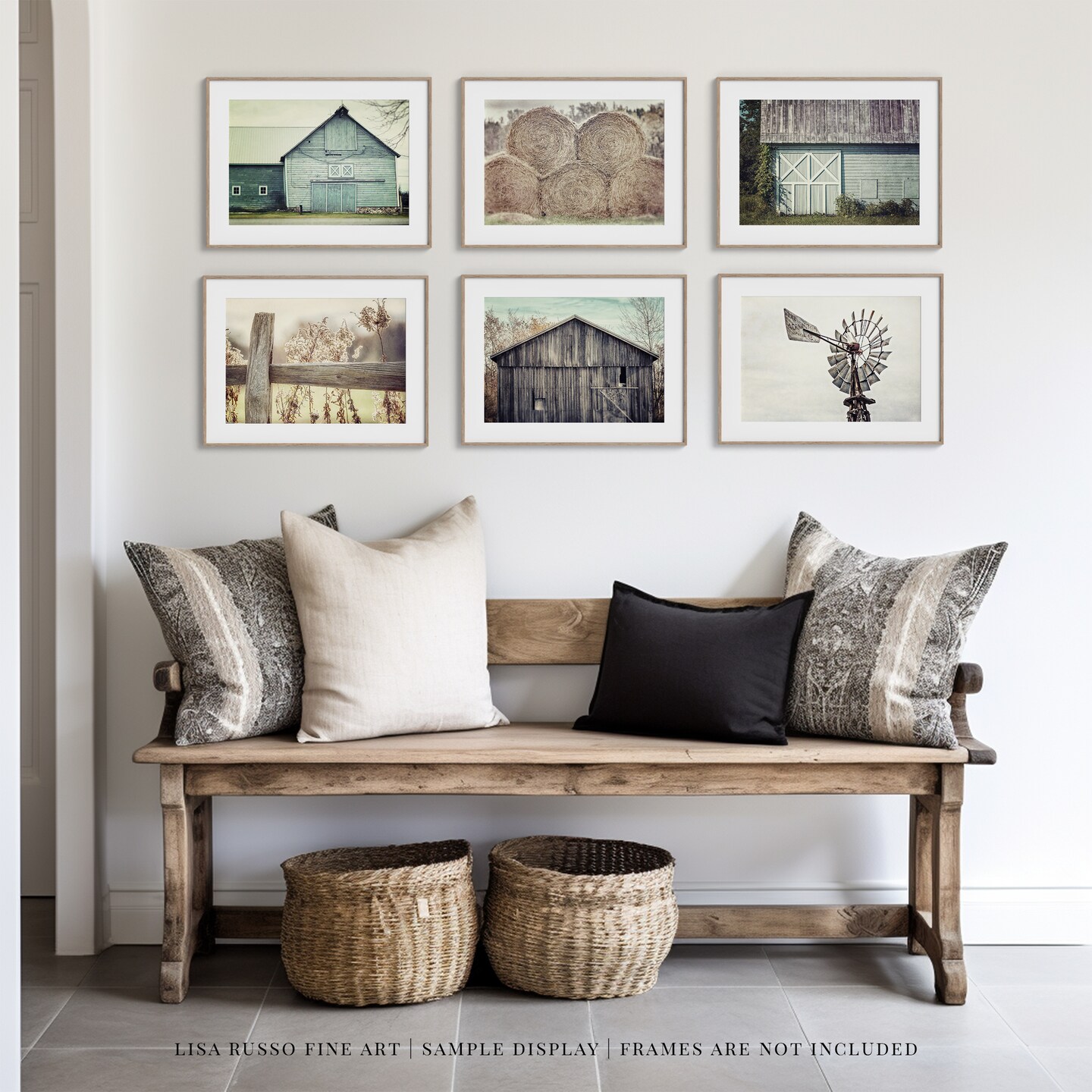 Rustic Farmhouse Decor Set of 6 Art Prints - Not Framed - Beige, Aqua, Blue - Country Western Rustic Wall Gallery Set
