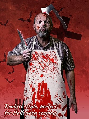 Halloween Bloody Butcher Costumes Set- Waterproof Bloody Apron with Axe Headband Butcher Knife Temporary Tattoos, Terrifying Role Play for Men Halloween Costume Party Carnival Prop Accessories