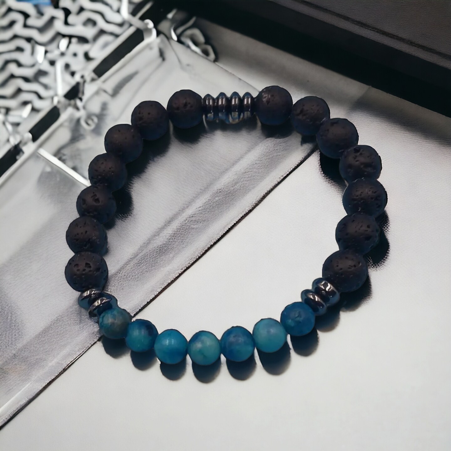 Lava Stone And Blue Aquamarine Essential Oil Diffuser Bracelet | 4 in