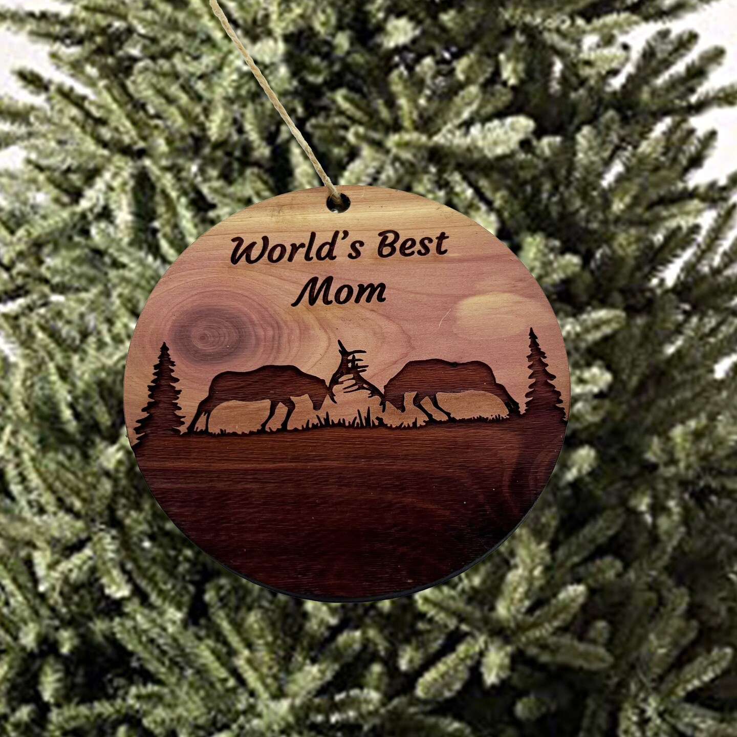 Worlds Best Mom Elk Battle - Cedar Ornament Worlds Best Mom Elk Battle - Cedar Ornament