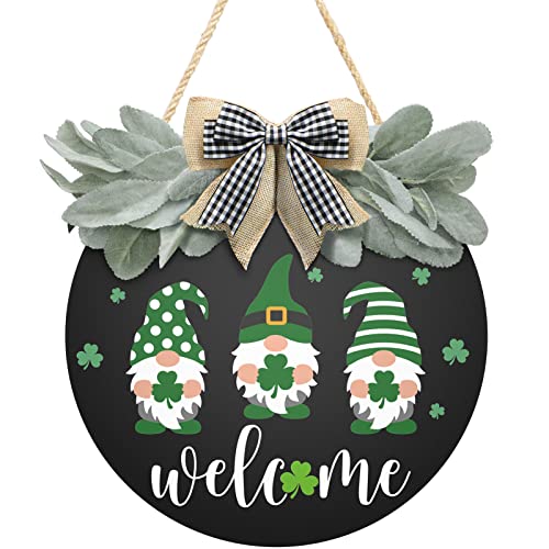 St Patrick&#x27;s Day Welcome Sign Wreath For Front Door Decor Shamrock Hanging Door Sign Gnomes Pattern With Greenery &#x26; Bow Wooden Round St Patricks Day Decoration For The Home Farmhouse Decor 12x12 Inch