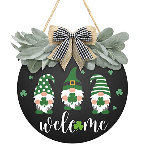 St Patrick's Day Welcome Sign Wreath For Front Door Decor Shamrock Hanging Door Sign Gnomes Pattern With Greenery & Bow Wooden Round St Patricks Day Decoration For The Home Farmhouse Decor 12x12 Inch