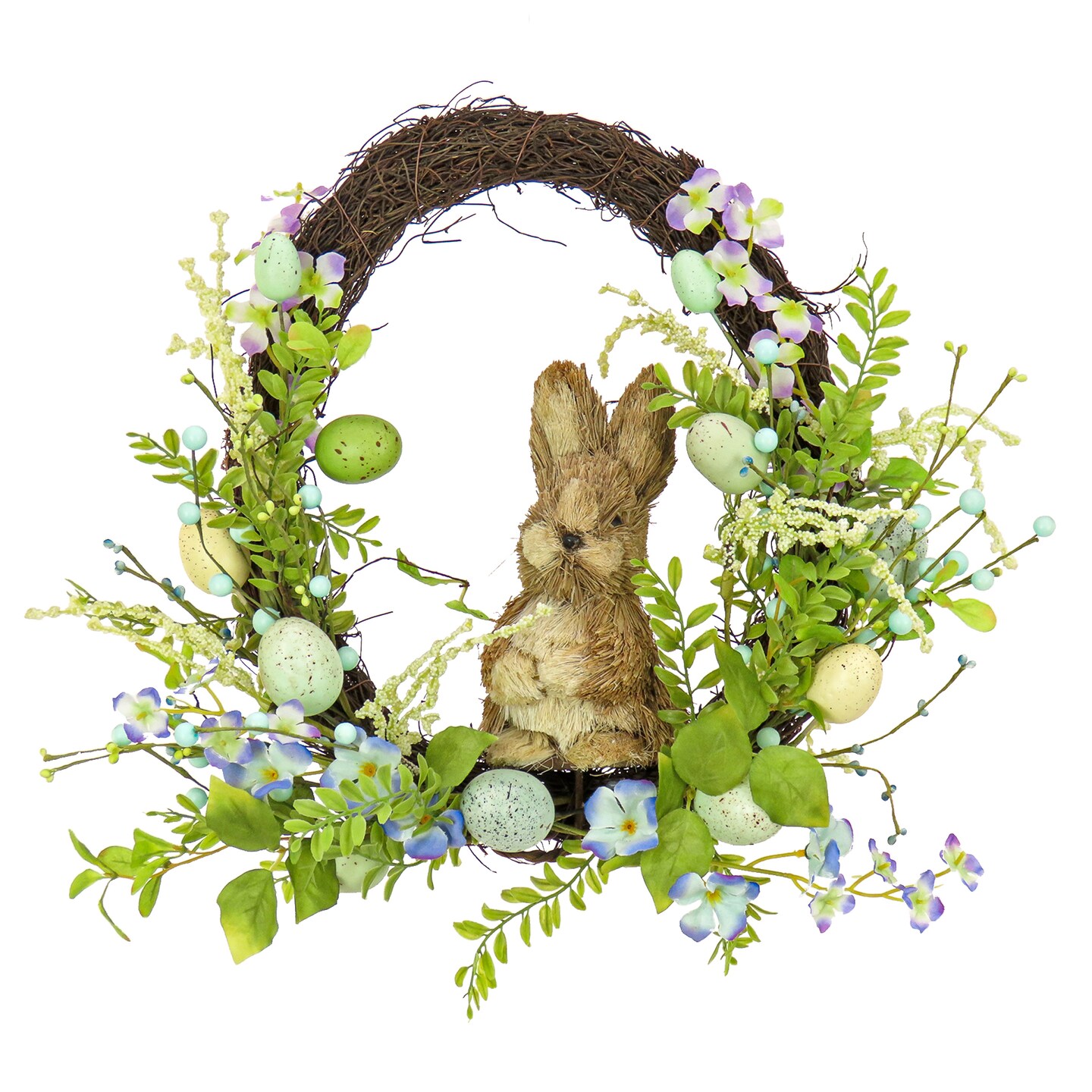 National Tree Company Artificial Spring Wreath, Woven Branch Base, Decorated with Wooden Bunny, Blue Flower Blooms, Pastel Eggs, Berries, Easter Collection, 16 Inches