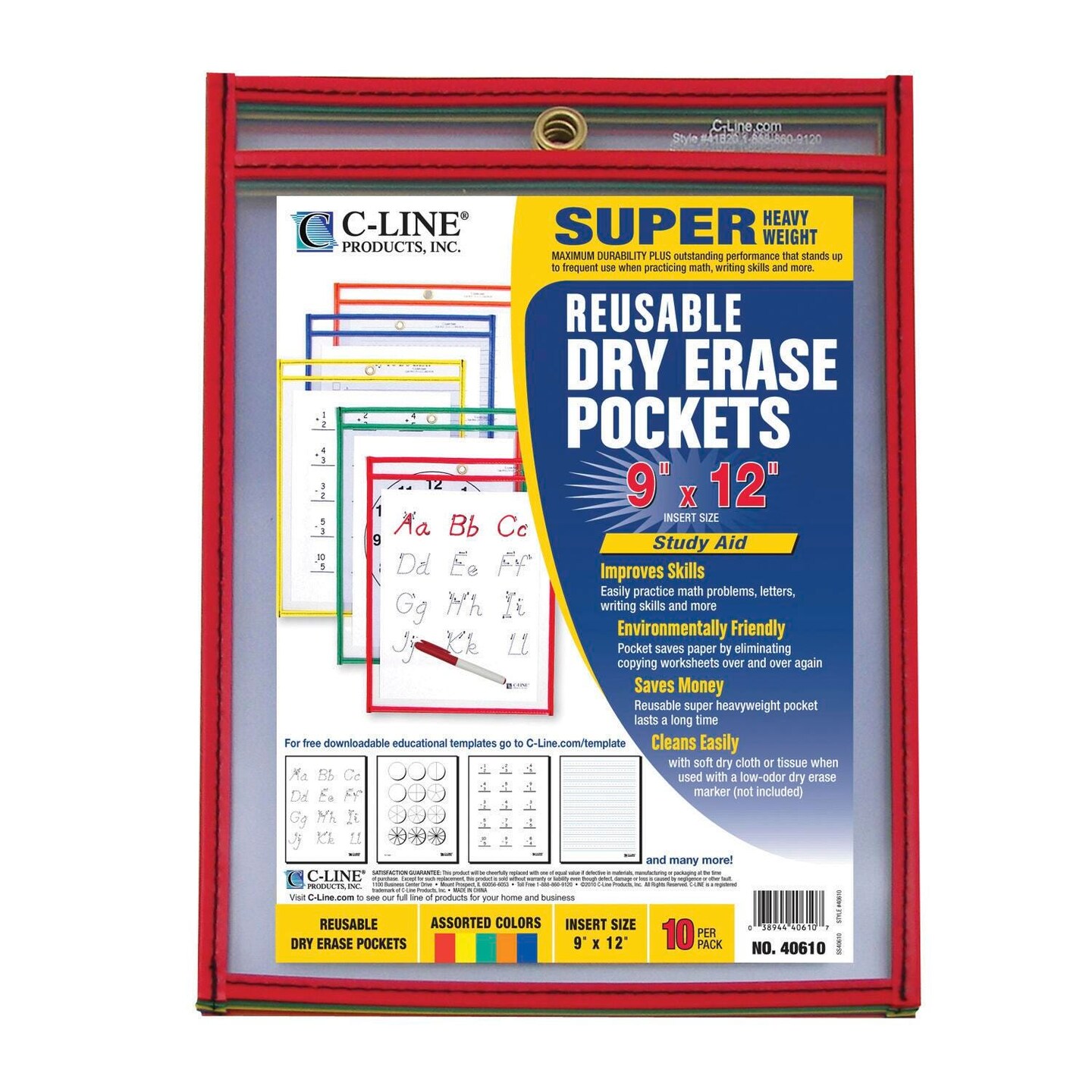 C-Line Dry Erase Reusable Pockets, Assorted Colors, 9 x 12 Inches, Pack of 10