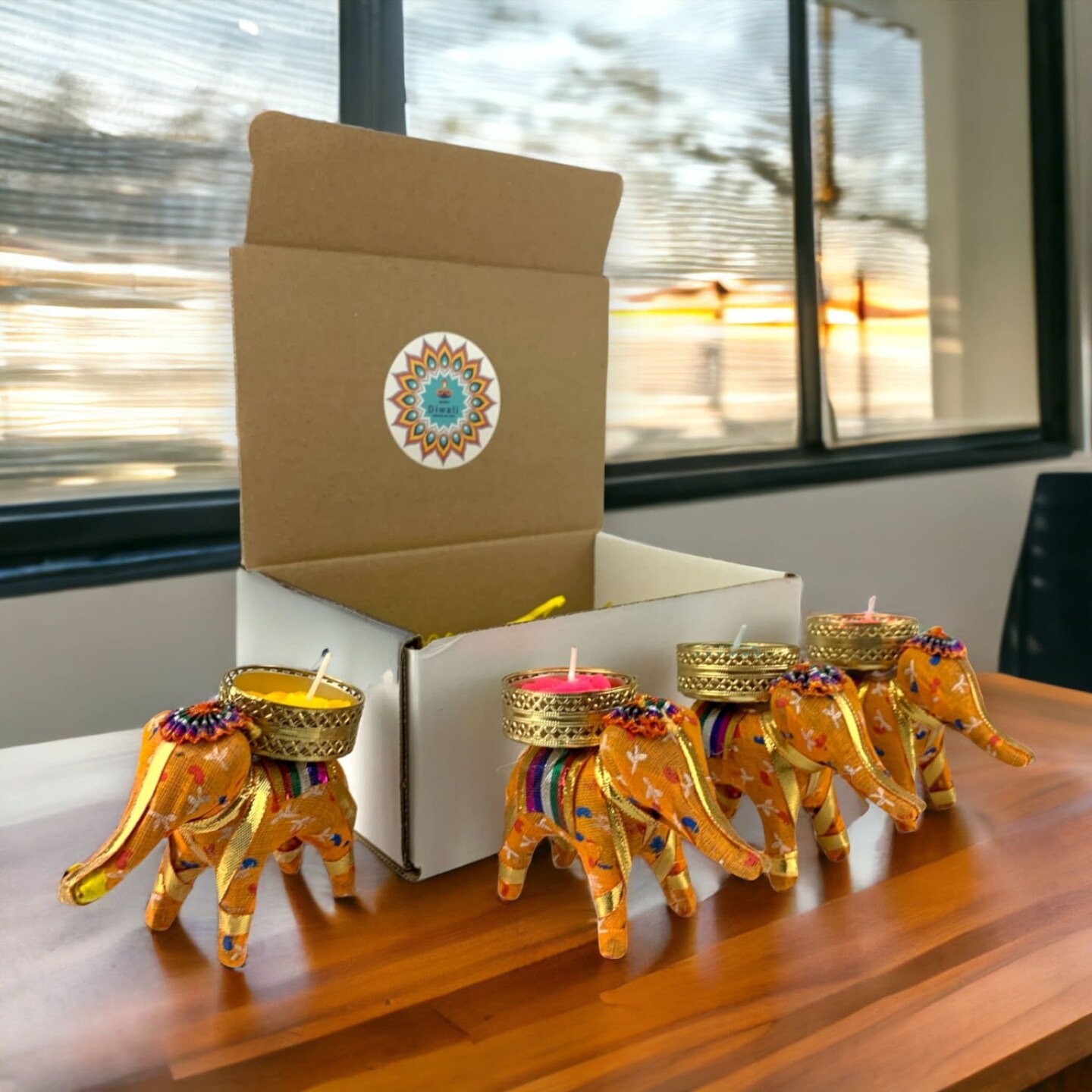Personalized Diwali Gifts Hamper Set of 4 Elephant Tealight Candle Holder Diwali Custom Gifts Boxes Indian Festival Deepawali Hamper for Employees Home Office Friends Family - Return Gift