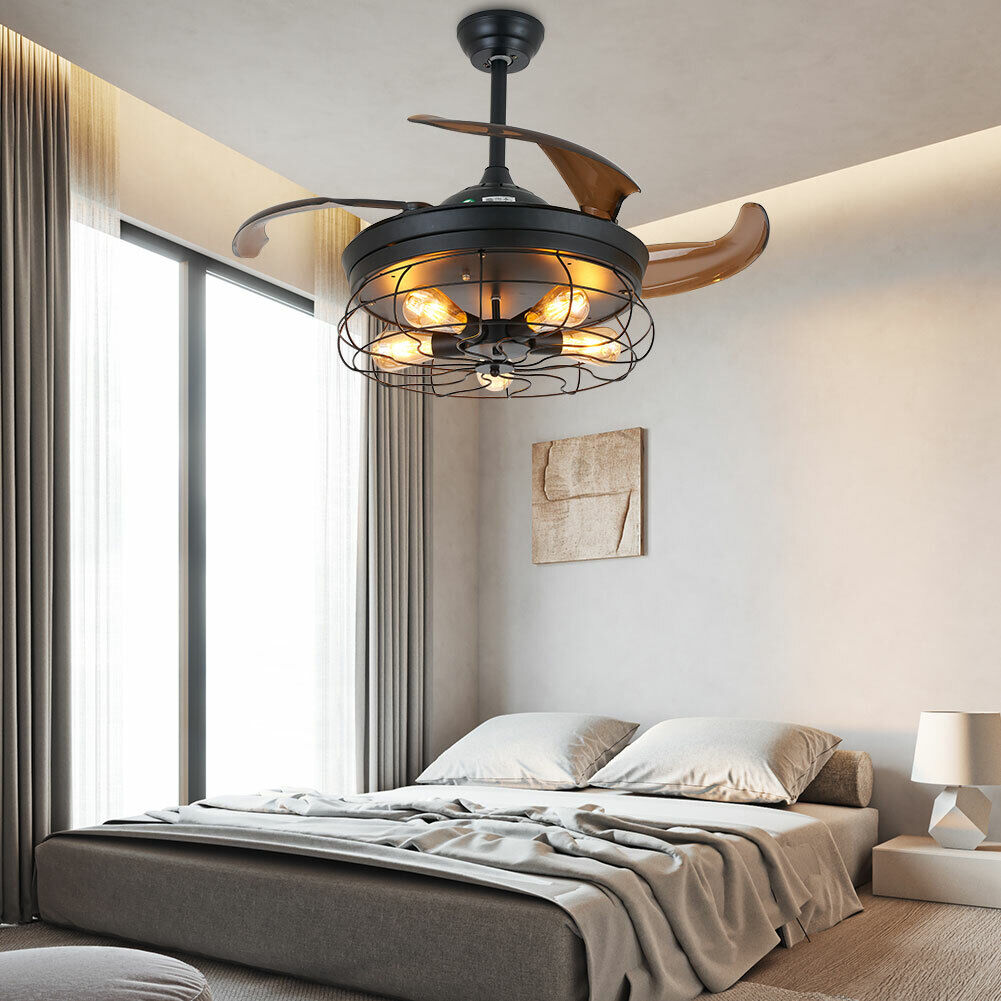 Kitcheniva 40W Farmhouse Retractable Caged Ceiling Fan Light With Remote