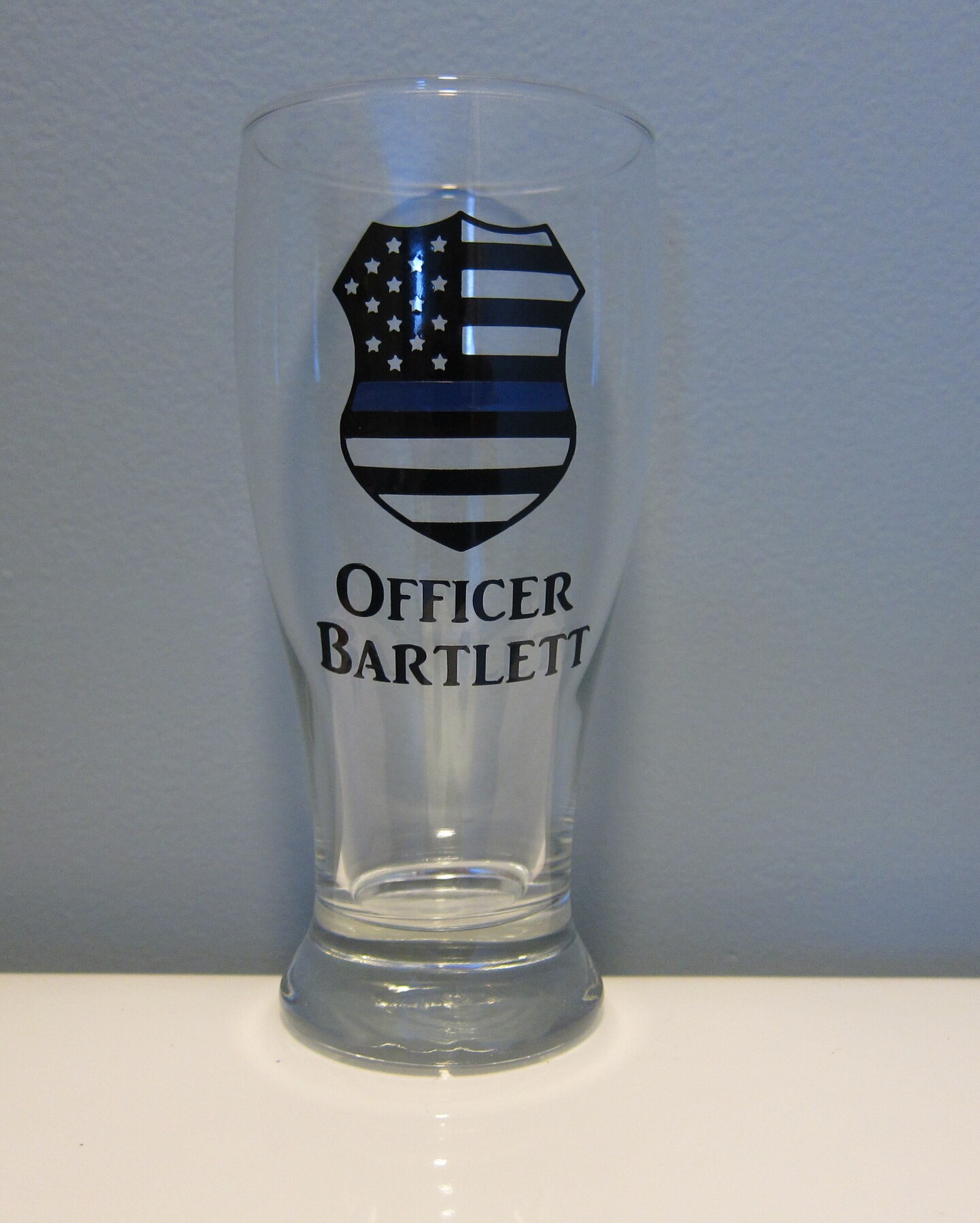 Personalized Thin Blue Line, American Flag Badge, Police Glass