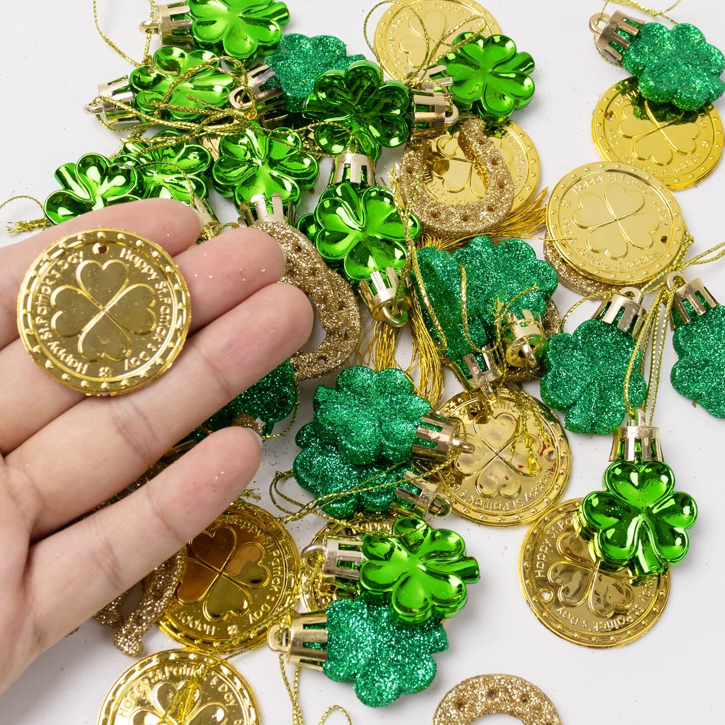 48 Pieces Shamrock Clover Gold Coins Horseshoe Tree Ornaments for Spring Lucky Irish Day St Patrick's Day Home Table Tree Party Hanging Decorations