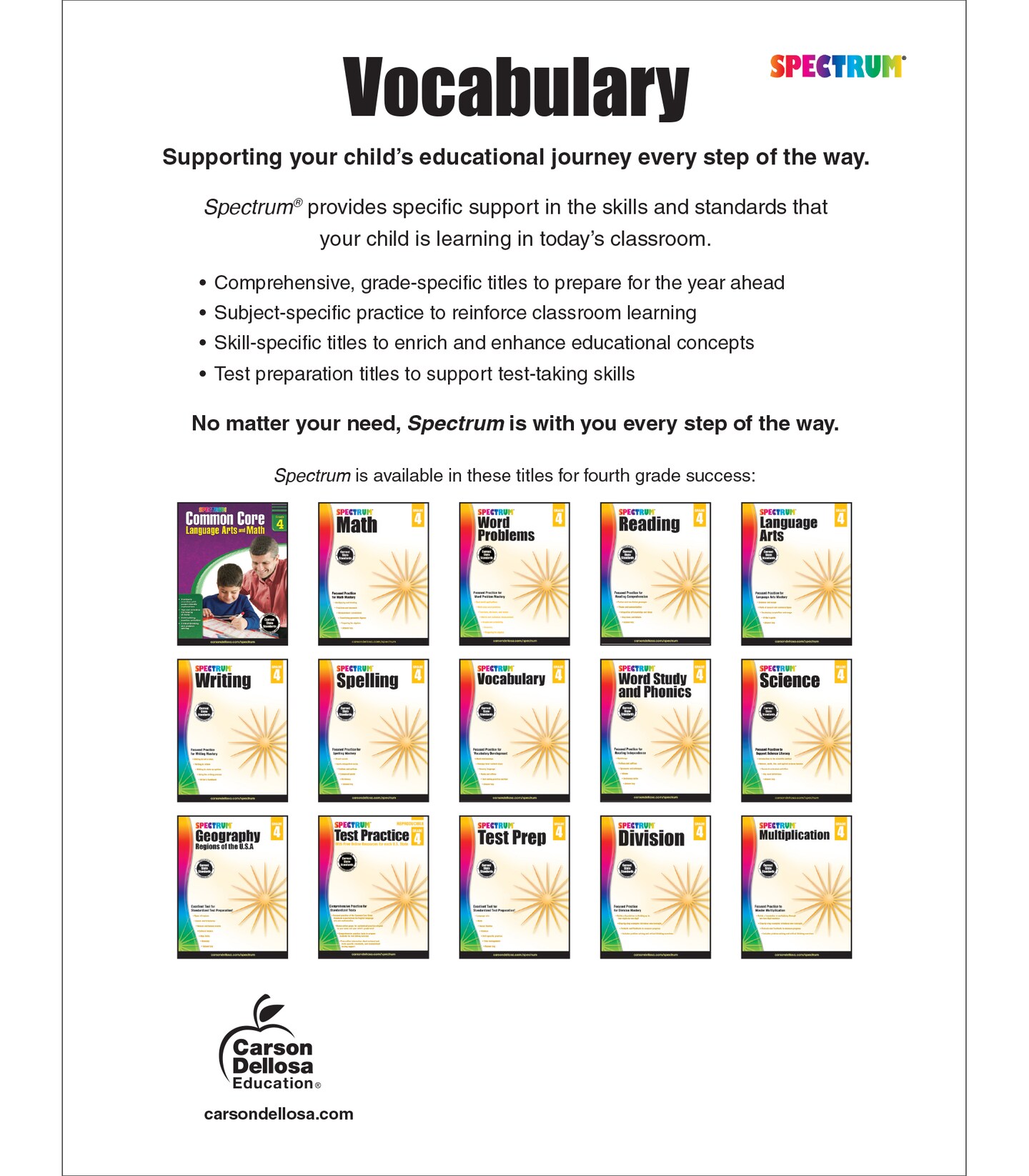 Spectrum Vocabulary Grade 4 Workbook, Ages 9 to 10, Grade 4 Vocabulary, Reading Comprehension Context Clues, Word Relationships, Sensory Language, Roots and Affixes - 160 Pages