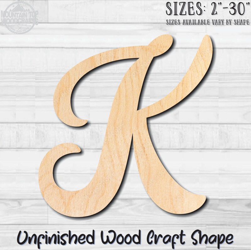 Script Letter K Fancy Unfinished Wood Shape Blank Laser Engraved Cutout ...