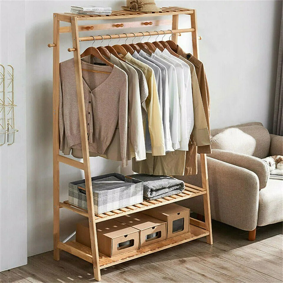 Bamboo Clothes Hanging Garment Rack Heavy Duty Laundry Rack Closet Storage Shelf