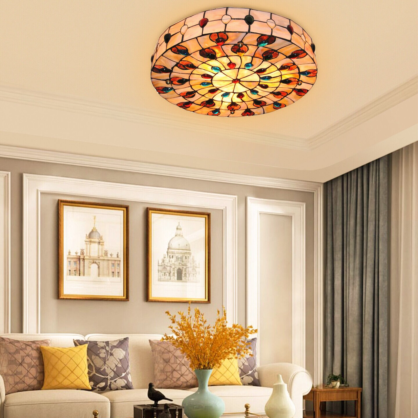 Kitcheniva Round Stained Glass Tiffany Style Flush Mount Chandelier