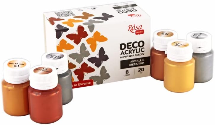 Metallic Decorative Acrylic Paint Set, 6 colors (20ml each) by Rosa Start