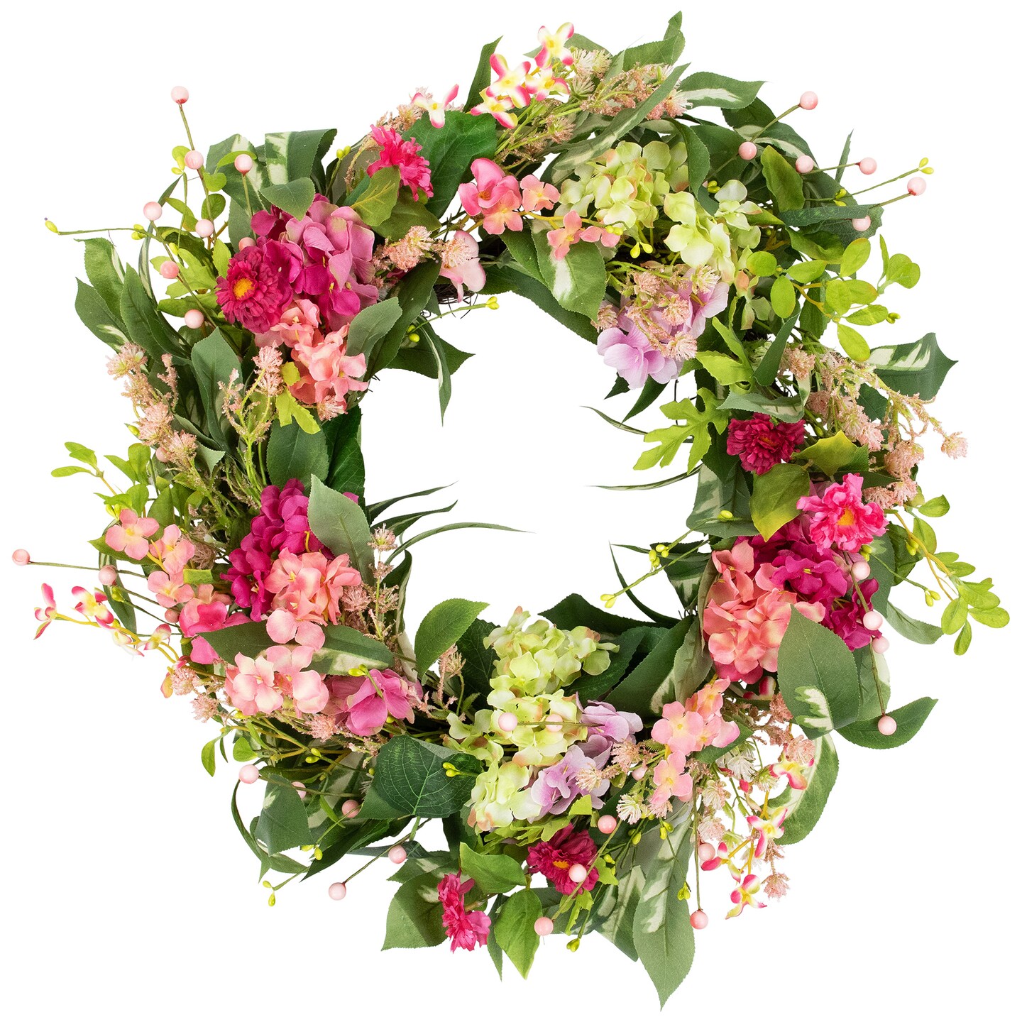 Northlight Leafy Hydrangea Floral Spring Wreath - 24&#x22; - Pink