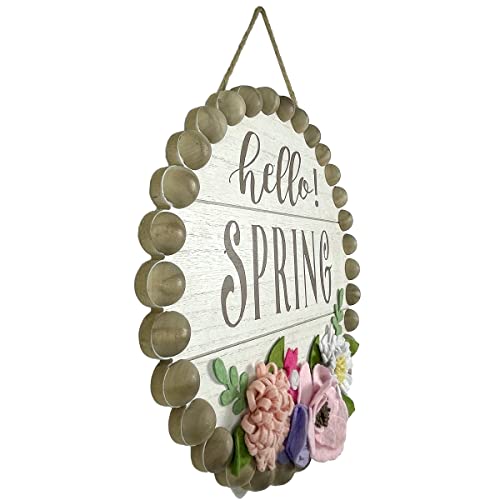Spring Decorations Hello Spring Wall Sign 3D Fabric Flowers Wall Plaque Rustic Farmhouse Wooden Decoration Round Vintage Hanging Signs Gift for Kitchen Living Dinning Room Bedroom 12" x 12"