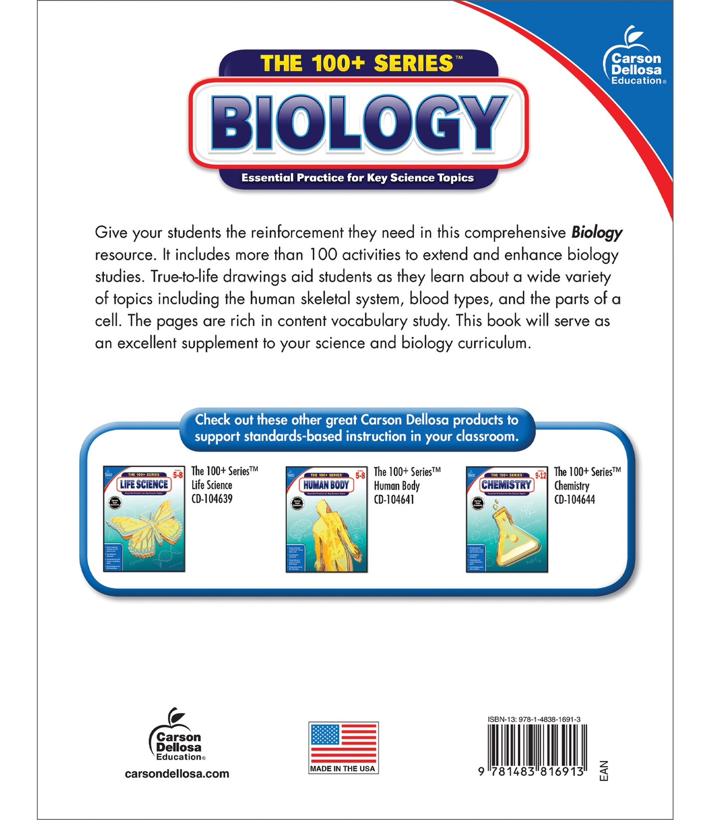 Carson Dellosa The 100 Series Biology Workbook, Science Book for Grades 6-12, Matter, Atoms, Genetics, Elements, and More, Classroom or Homeschool Curriculum