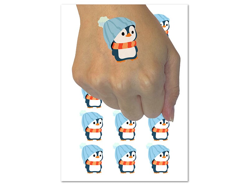 Cute Penguin with Big Hat Beanie Temporary Tattoo Water Resistant Fake Body Art Set Collection (1 Sheet)