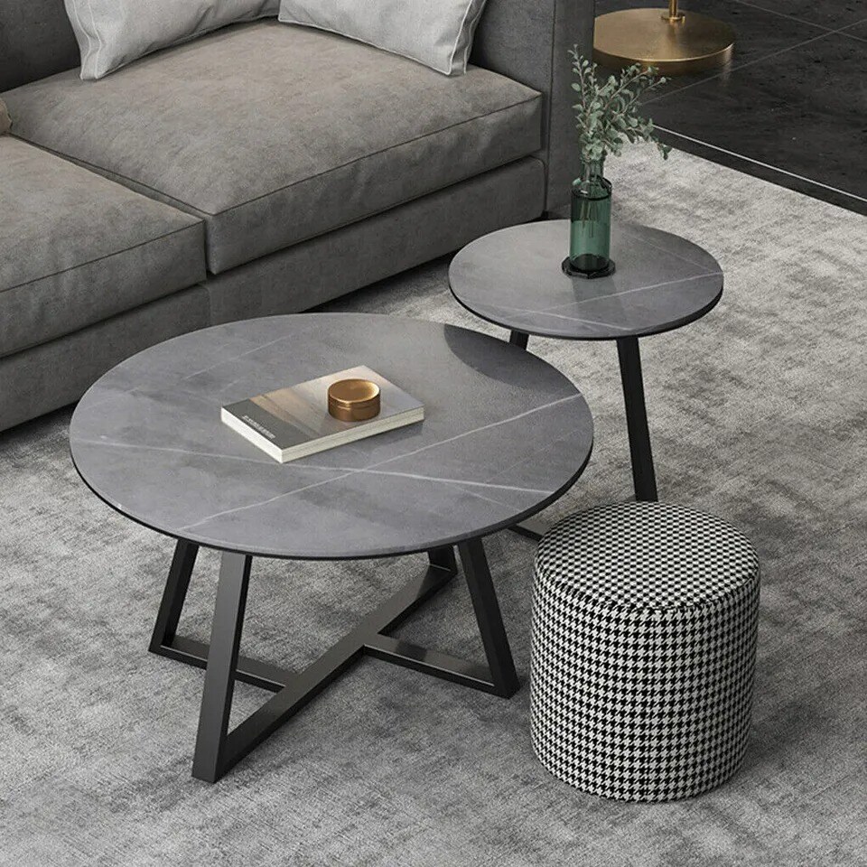 Exclusive Design 2PCS Nesting Marble Coffee Table Round Side Table w/ Metal Base