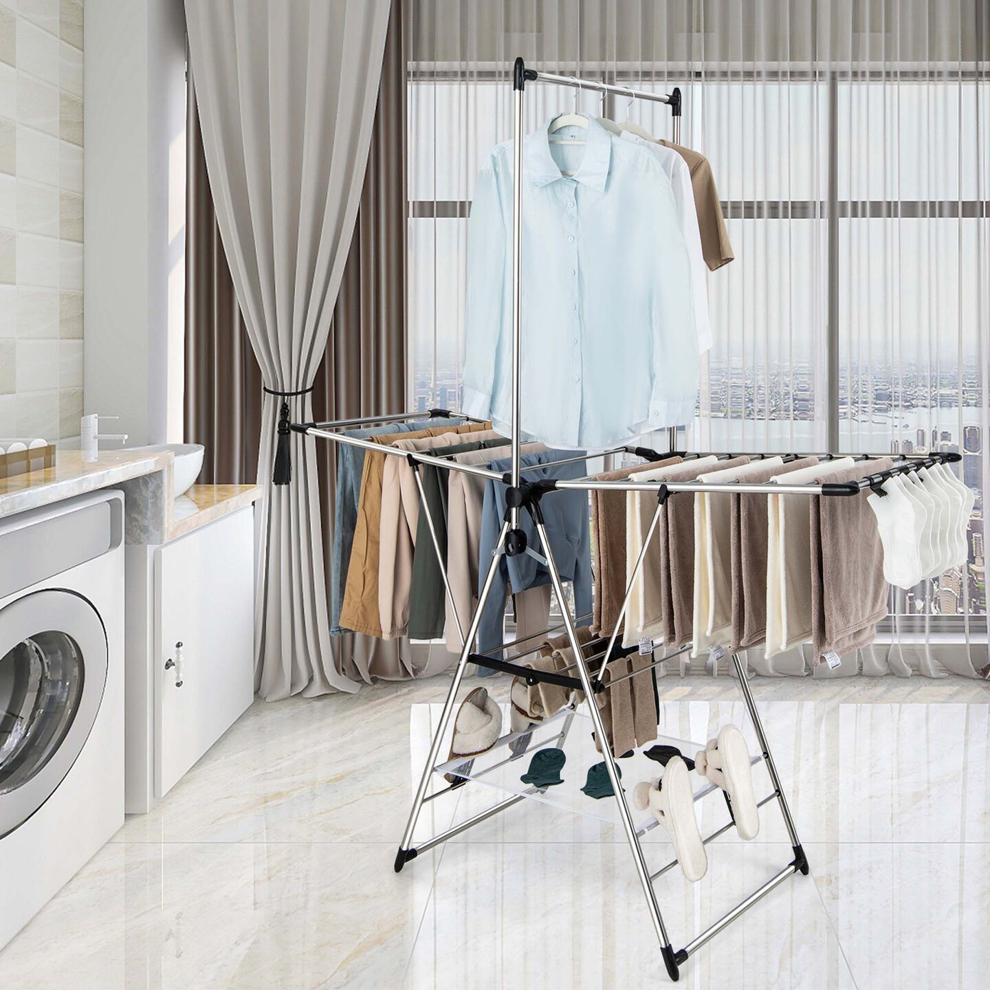 Costway 2-Layer Stainless Steel Foldable Drying Rack w/ Hanging Bar &#x26; 2 Height-adjustable Wings