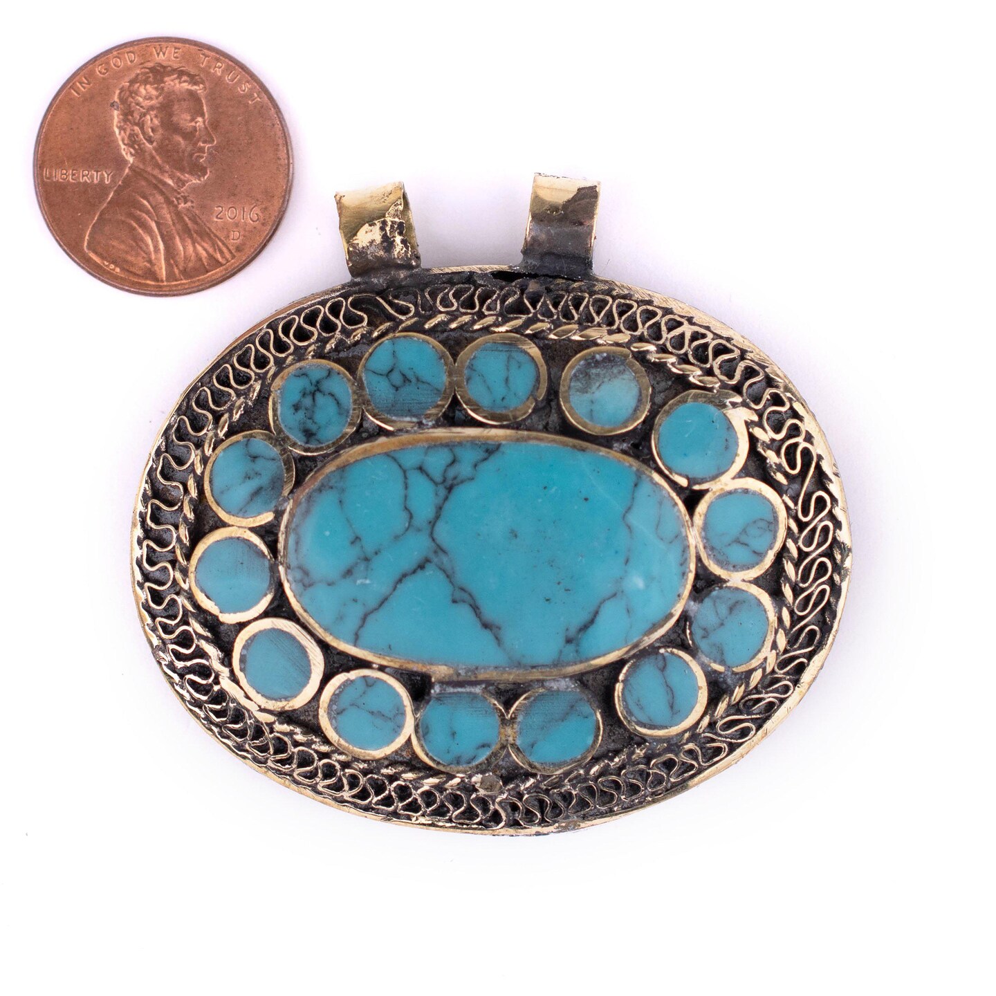 TheBeadChest Turquoise Blue Oval Inlaid Afghani Silver Pendant 50x48mm Afghanistan White Metal Large Hole