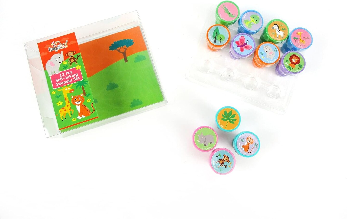 TINYMILLS 12 Pcs Safari Jungle Animals Stamp Kit for Kids Self Inking Stamps