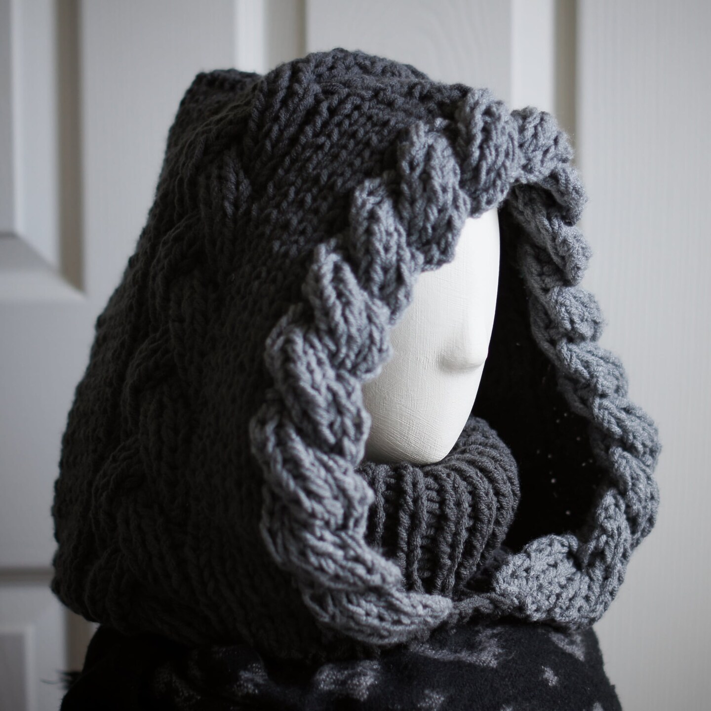 Dual Gray Winter Hood with Multi-Way Neck Warmer - Double Cable Knit Balaclava Hooded Cowl product 2