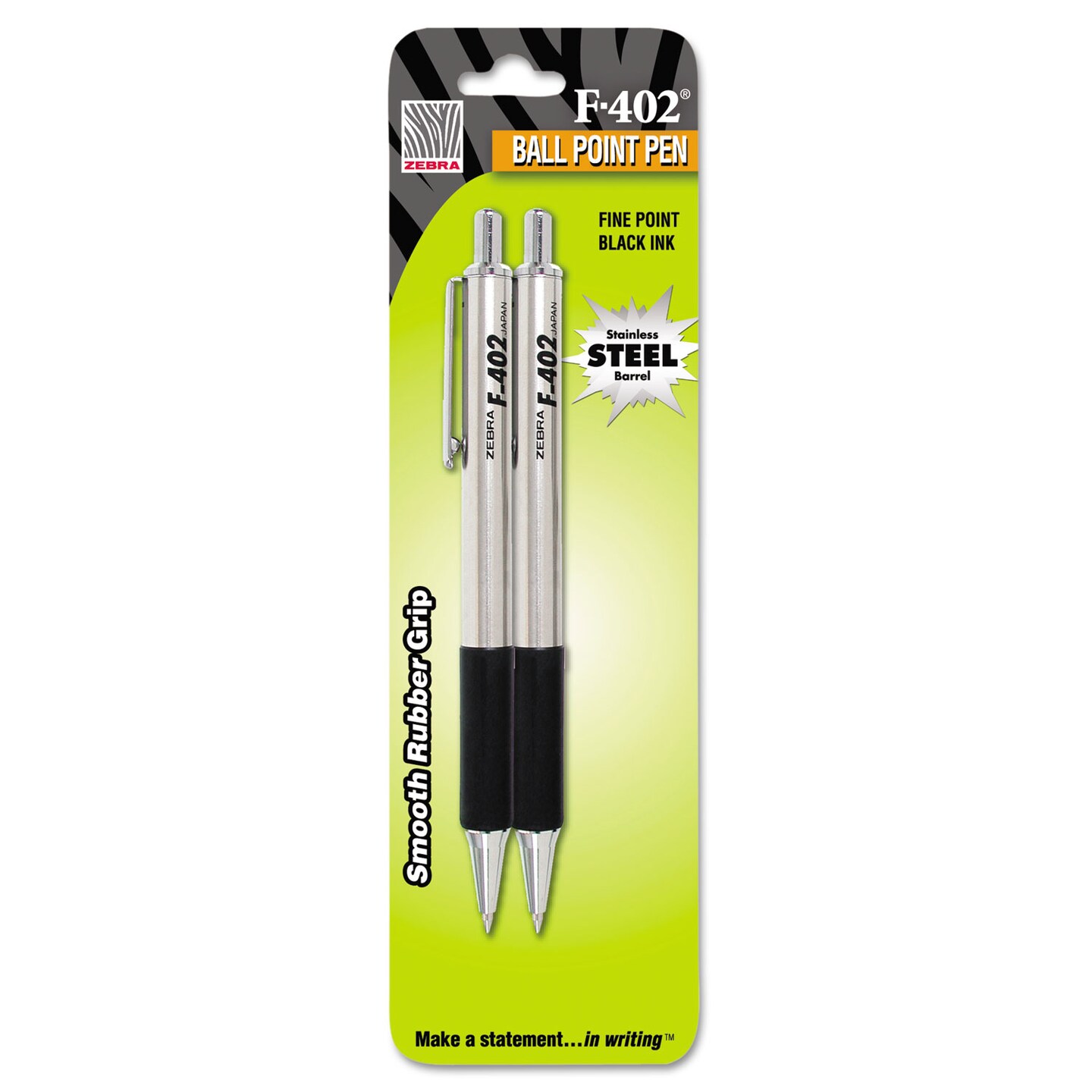 Zebra Pen F-402 Retractable Ballpoint Pen, 0.7mm, Black Ink, Steel/Black Barrel, 2/Pack