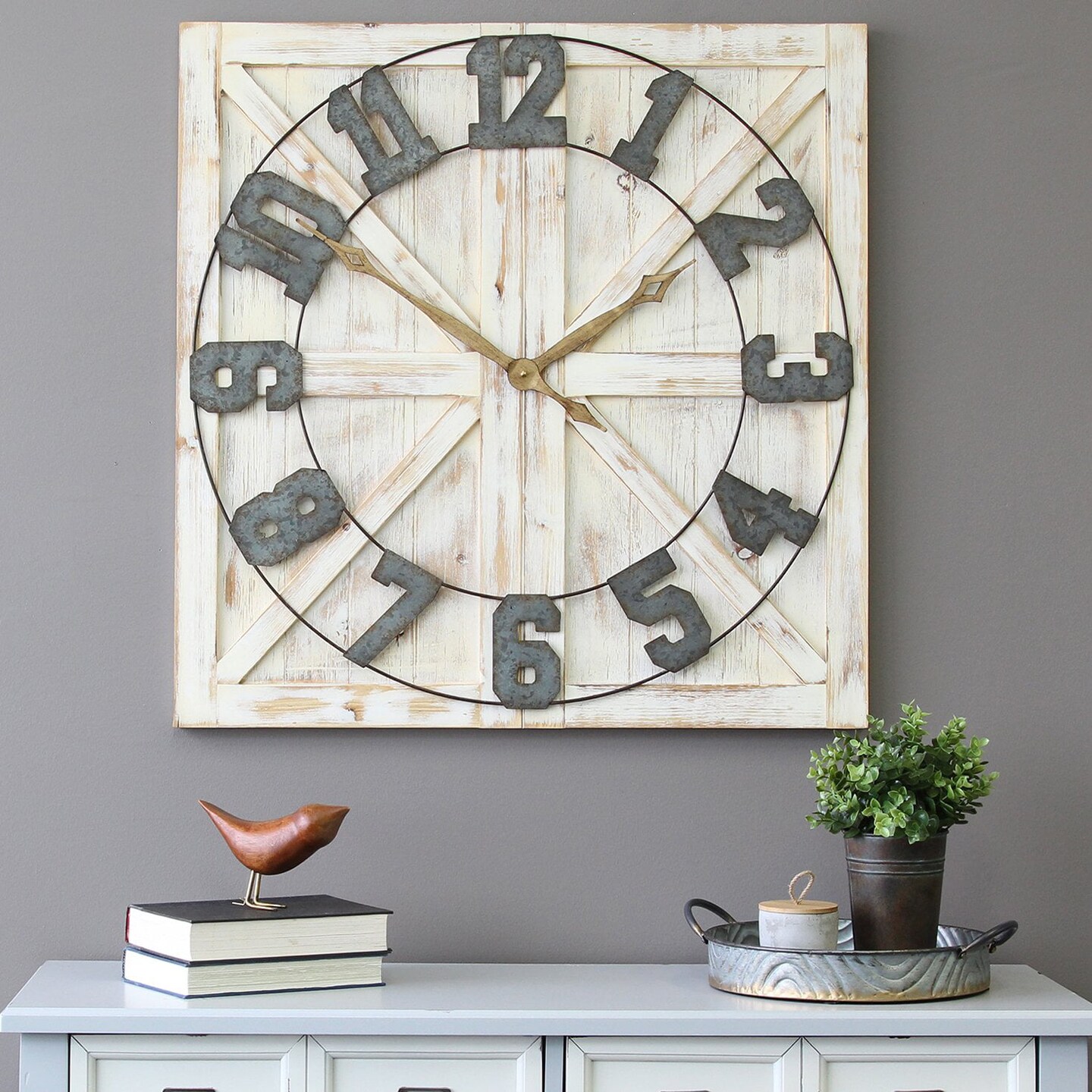 Stratton Home Decor Rustic Farmhouse 31&#x22; Square Distressed White Indoor Analog Wall Clock