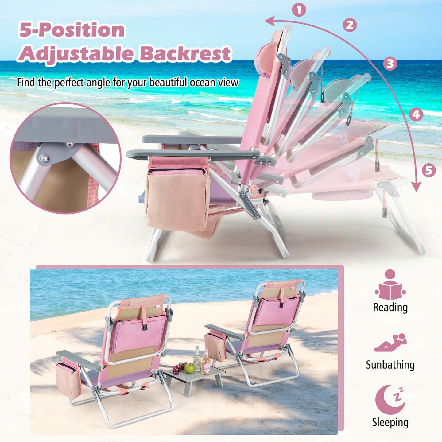2-Pack Folding Backpack Beach Chair 5-Position Outdoor Reclining Chairs with Pillow Blue/Pattern/Pink/Yellow/Dark Pink/Dark Green/Dark Blue