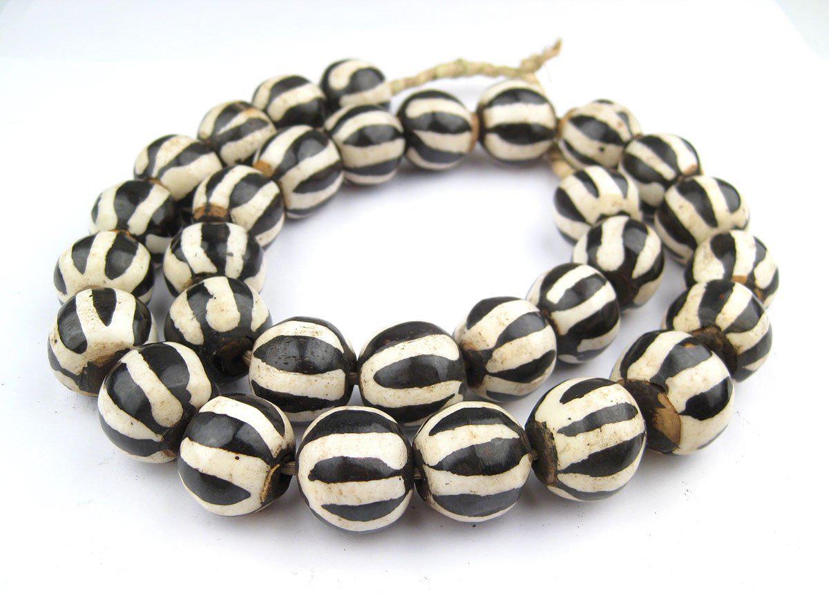 Batik Bone Beads - Full Strand of Fair Trade African Beads - The Bead Chest (Sphere, Zebra Design)