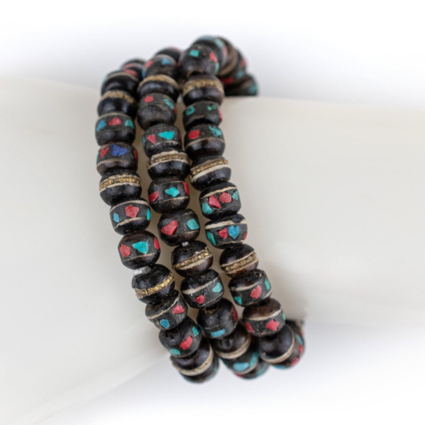 TheBeadChest Mala Stretch Bracelet, Black - Stackable Nepal Bone Inlaid with Turquoise &#x26; Coral Colors, 100% Authentic and Genuine