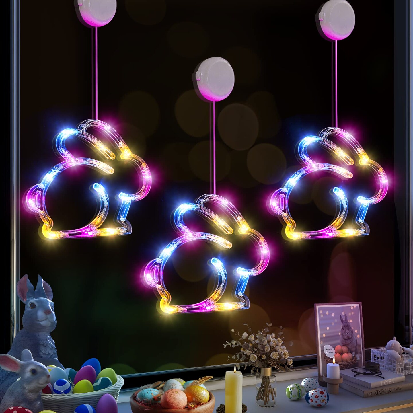 LOLStar Easter Window Lights, 3 Pack Easter Bunny Shaped Multicolor Battery Operated Hanging String Lights with Suction Cup, for Easter Window Decorations, Indoor, Home, Farmhouse Decor