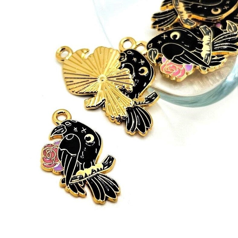 1, 4, 20 or 50 Pieces: Black Enamel Raven and Pink Flower Charms