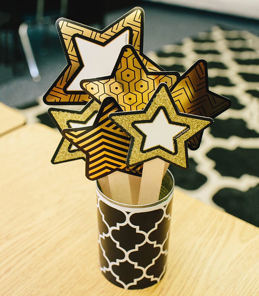Carson Dellosa Sparkle and Shine 36-Piece Star Cutouts, Gold Foil Space Theme Bulletin Board Decorations for Labels, Cubbies, Locker Decorations, Posterboard, and Classroom Decor