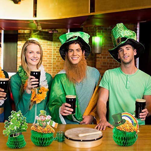 3 Pieces St Patrick Honeycomb Decoration, Cute Pot-O-Gold Centerpiece Shamrock Leprechaun Tissue Irish Clover Paper Table Topper for Saint Patrick Party Accessory 7.87-8.6 inch