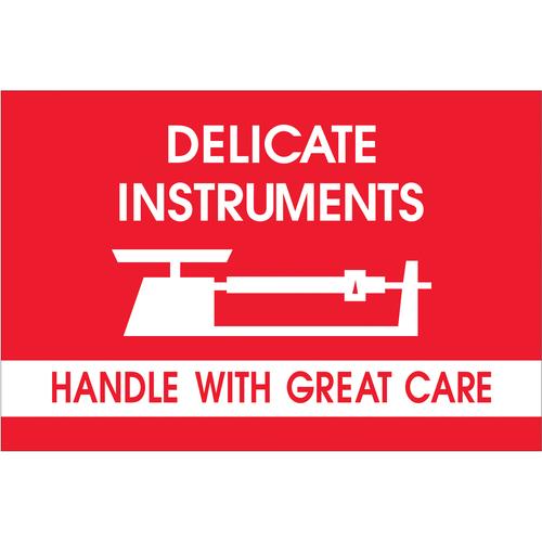 Tape Logic Fragile Labels, &#x22;Delicate Instruments - HWC&#x22;, 2&#x22; x 3&#x22;, Red/White, 500/Roll