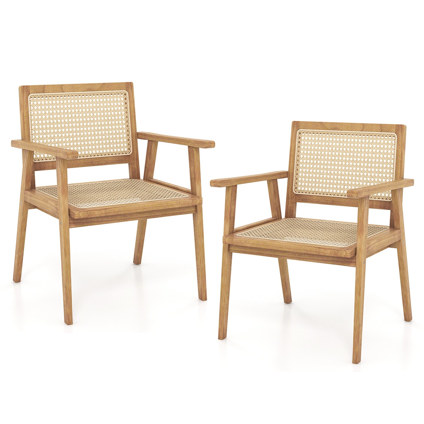Costway 1/2 PCS Wood Chair Indonesia Teak Wood Armchair with Natural Rattan Seat &#x26; Back Patio Chair for Porch