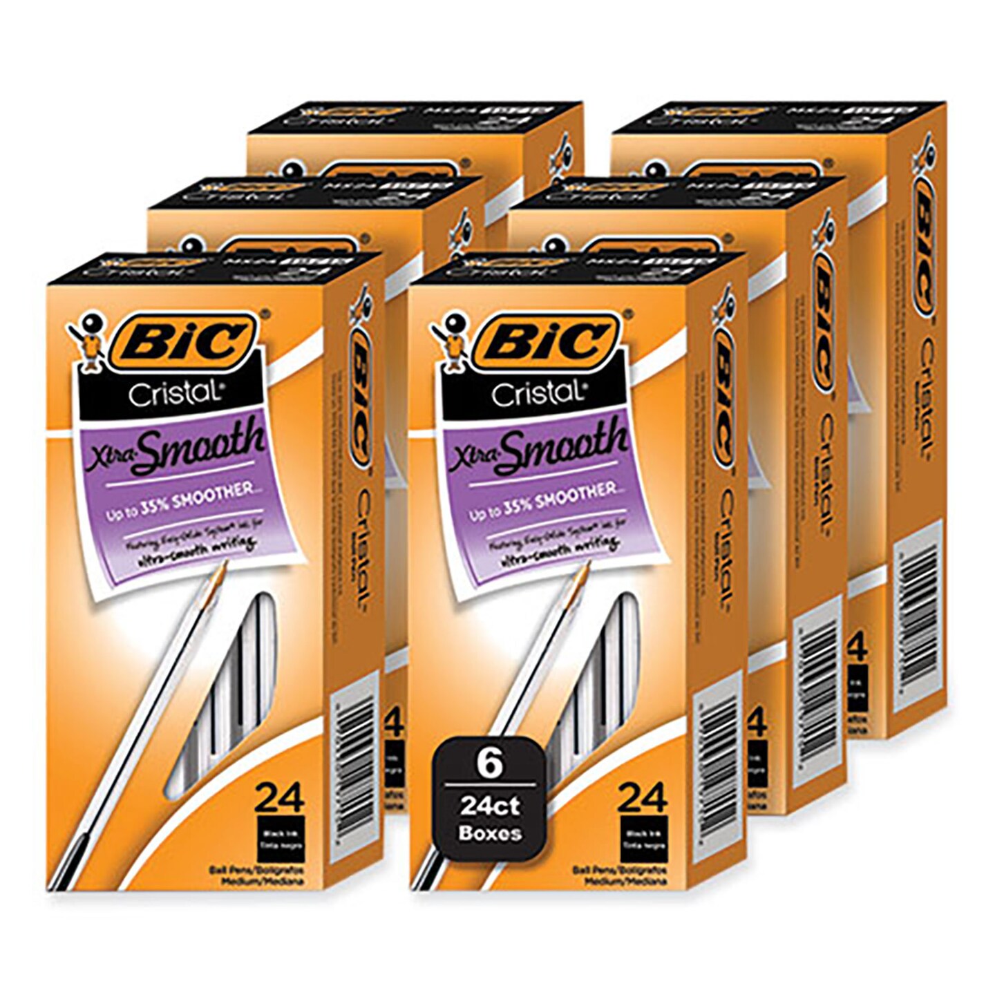 Cristal Xtra Smooth Ballpoint Pen, Stick, Medium 1 mm, Black Ink, Clear Barrel, 24/Box, 6 Boxes/Pack