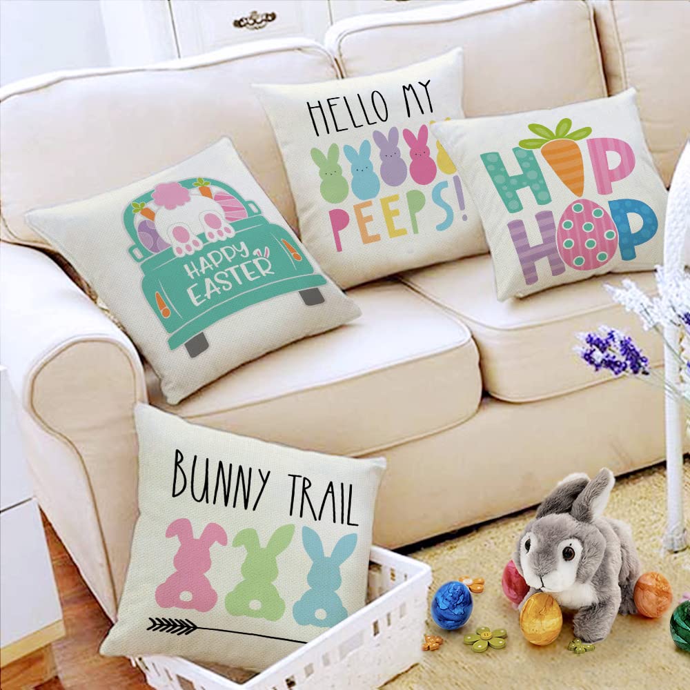 GEEORY Easter Pillow Covers 18x18 Set of 4 Easter Decorations for Home Bunny Truck Hello Peeps Hip Hop Pillows Easter Decorative Throw Pillows Spring Easter Farmhouse Decor