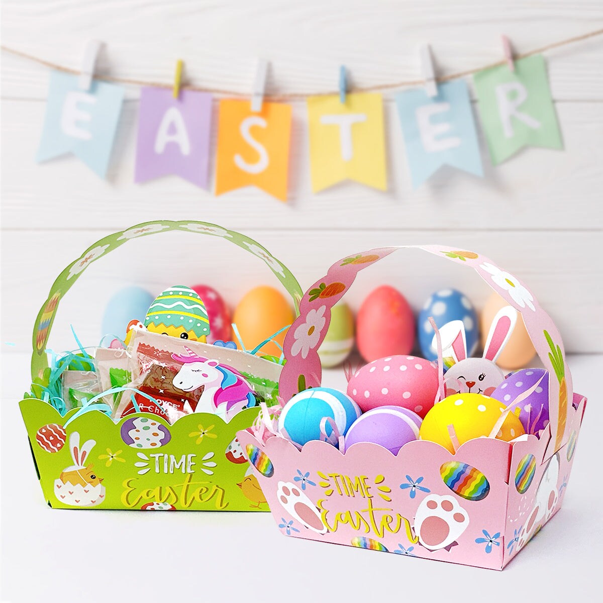 Wrapables Easter Gift Baskets with Handle, Treat Boxes for Eggs, Cookies and Candy, Set of 12, Vibrant Easter Eggs