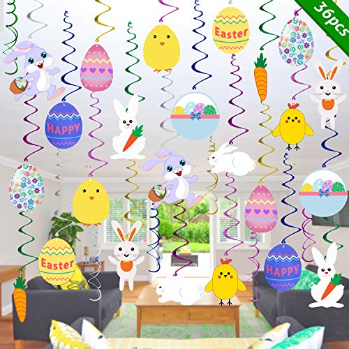 Easter Hanging Swirl Decorations - Pack of 36 | Easter Decorations - Easter Egg Bunny Hanging Swirl Foil Decorations for Home Office School - Easter Party Ornaments Favors Supplies
