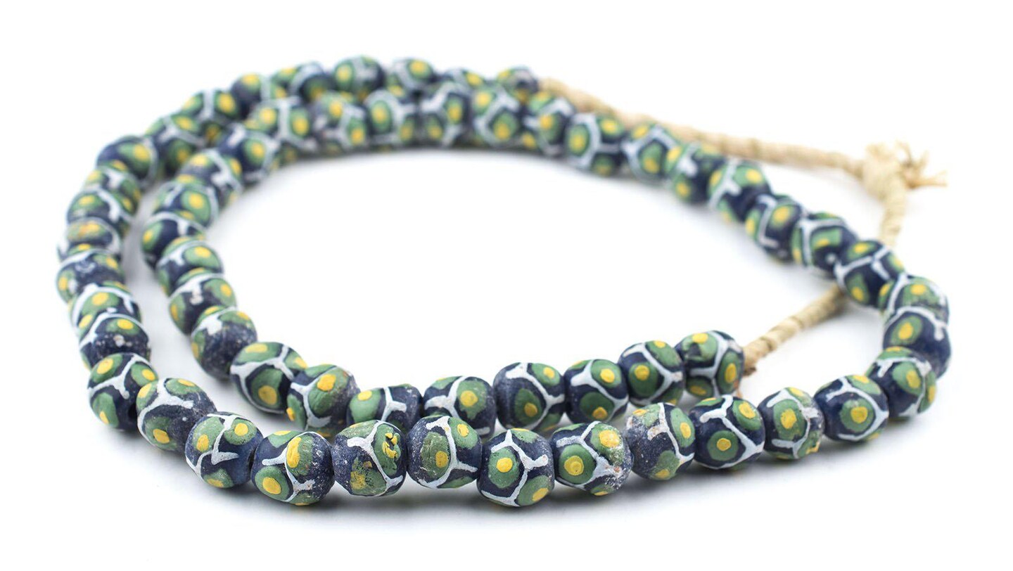 TheBeadChest Painted African Krobo Beads - Full Strand of Ghanaian Tribal Glass Beads for Necklace or Jewelry Making (Gecko Millefiori)