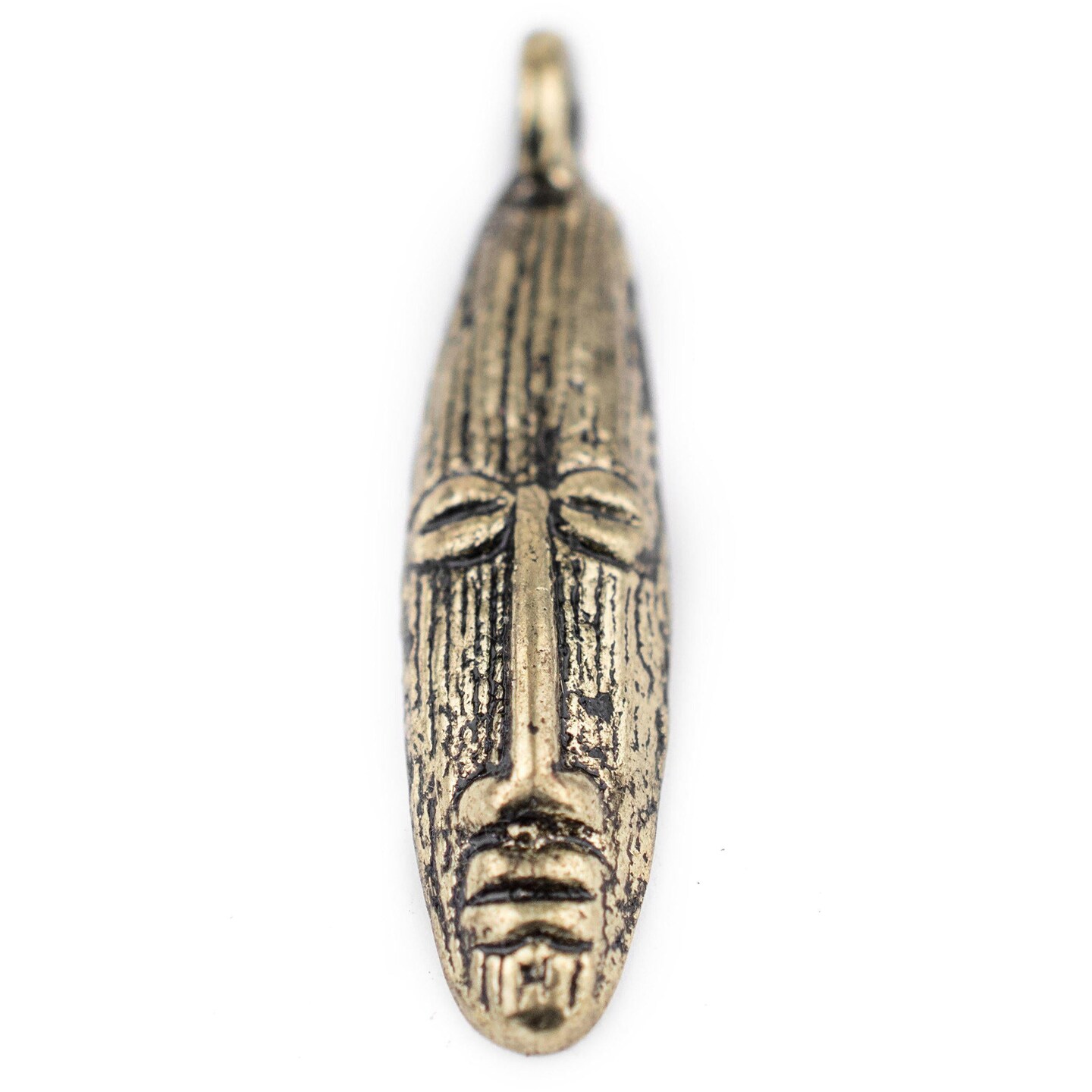 The Bead Chest Elongated Mask Brass Pendant from Africa (47x11mm): Genuine West African Mask Design for DIY Jewelry & Necklaces