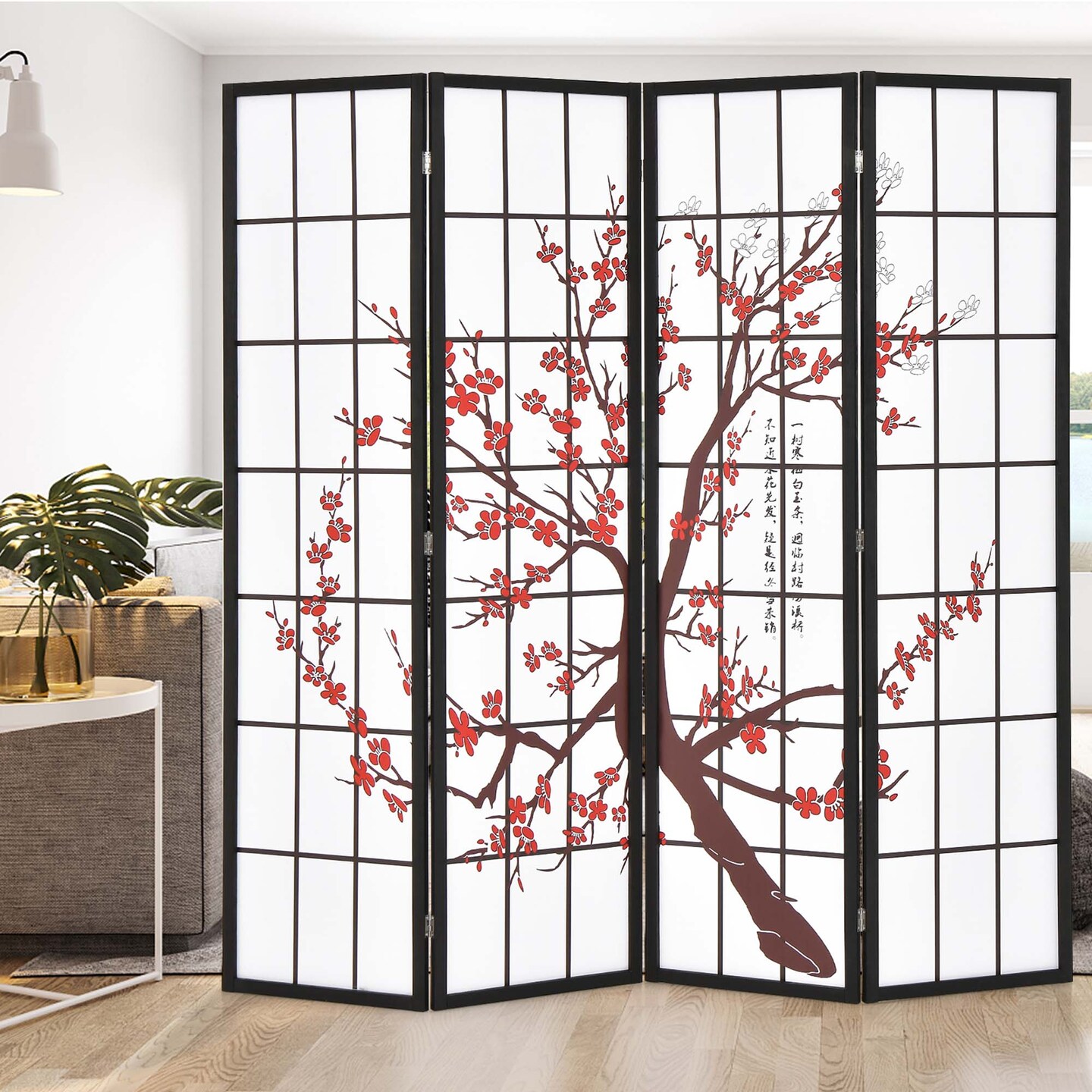 Costway 4-Panel Japanese Style Folding Room Divider with Elegant Plum Blossom Design Indoor