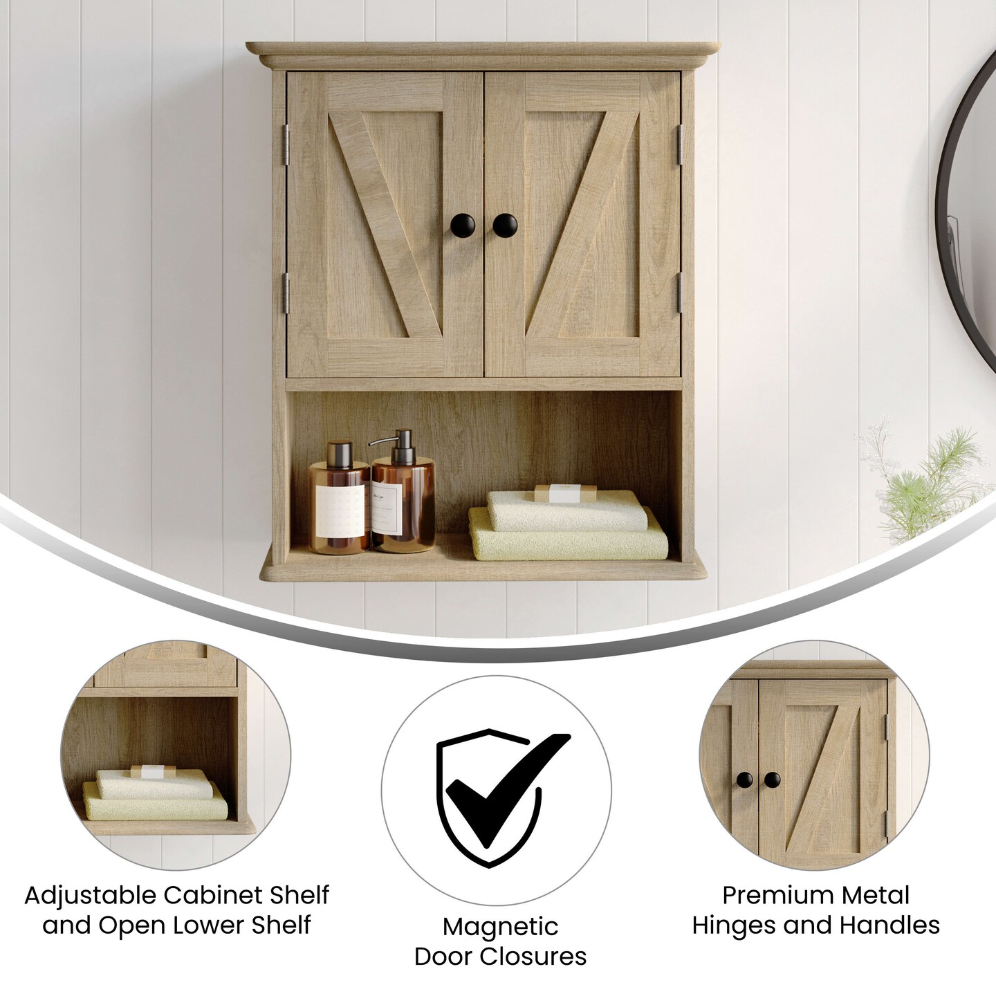 Merrick Lane Delilah Wall Mounted Bathroom Medicine Cabinet with Adjustable Cabinet Shelf, Lower Open Shelf, and Magnetic Closure Doors