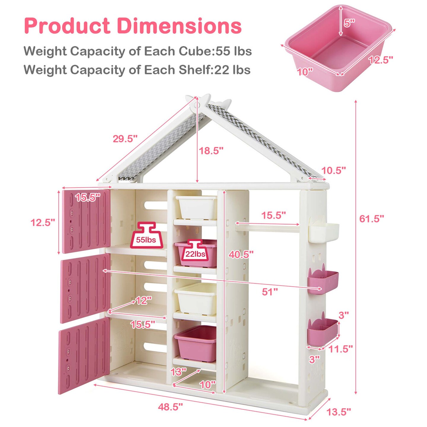 Costway Kids Costume Storage Closet Children Pretend Dresser with Storage Bins Shelves Grey/Pink/White