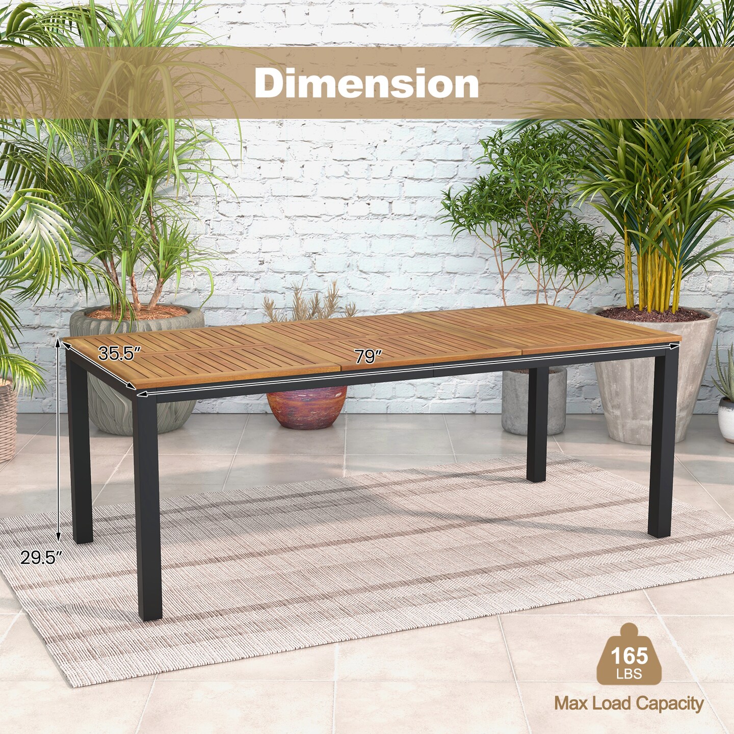 Costway 79&#x22; Acacia Wood Patio Table 8-Person Outdoor Dining Table with Umbrella Hole