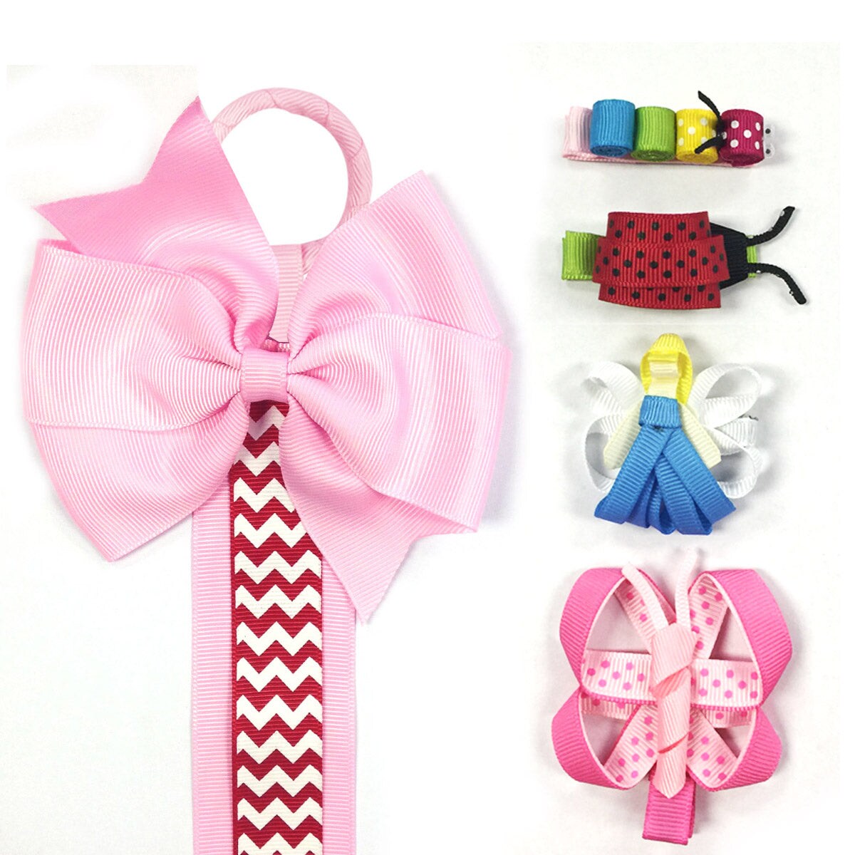 Wrapables Angel, Butterfly, Ladybug, Caterpillar Ribbon Sculpture Hair Clips with Chevron Hair Clip / Hair Bow Holder, Pink