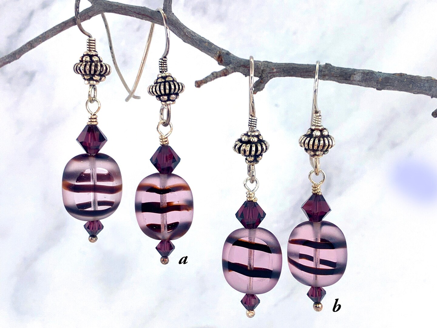 Plum Striped Glass and Crystal Earring — E-0037
